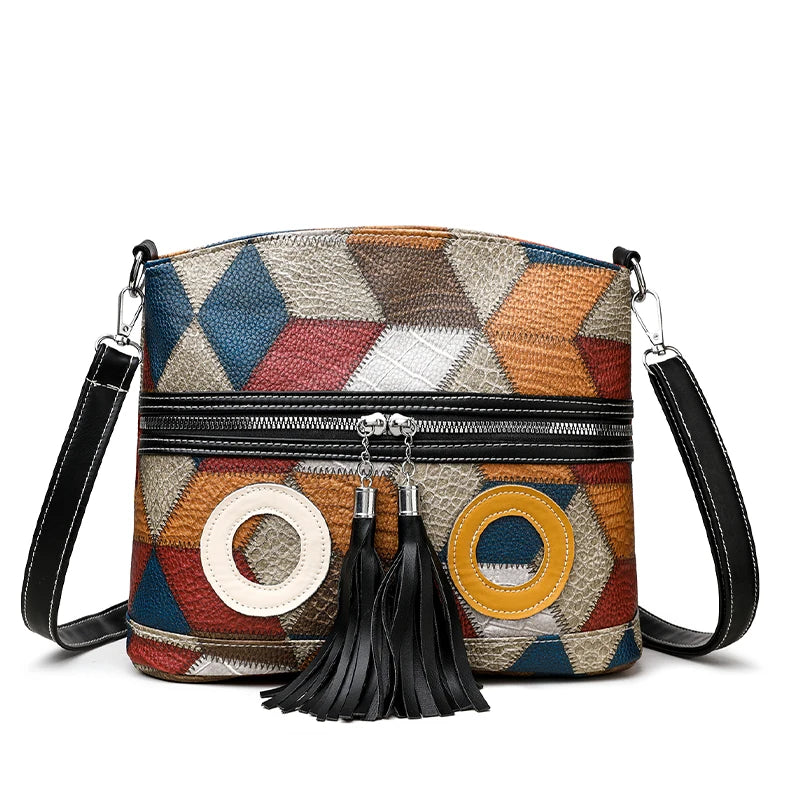 Everyday Patchwork Geo Crossbody Bag in Faux Leather HandBags