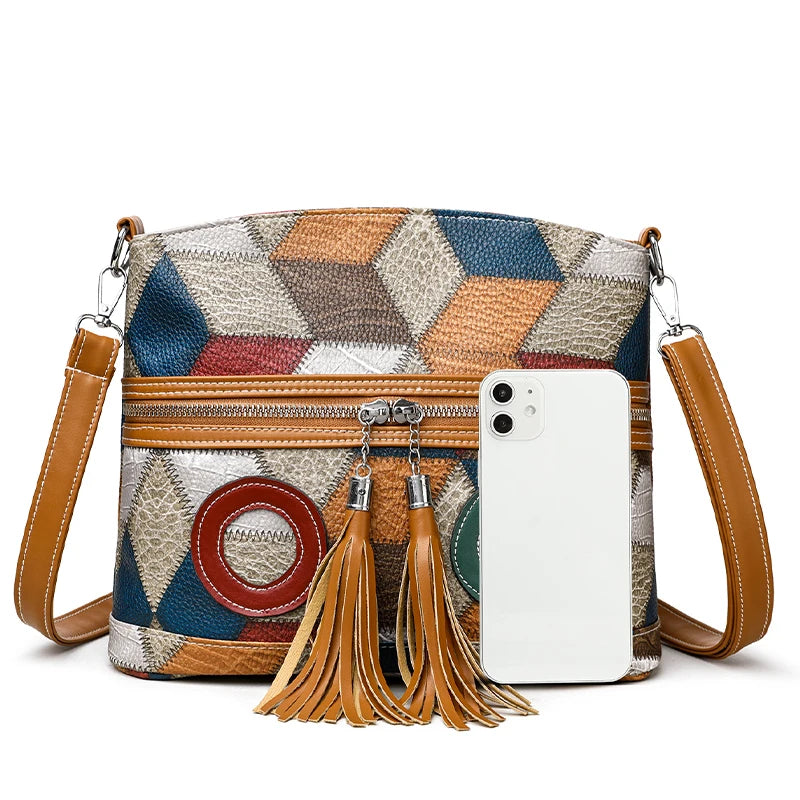 Everyday Patchwork Geo Crossbody Bag in Faux Leather HandBags