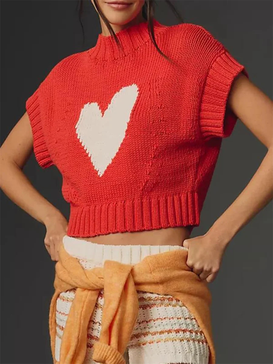 Casual Red Knit Heart Pattern Top for Trendy Outings	