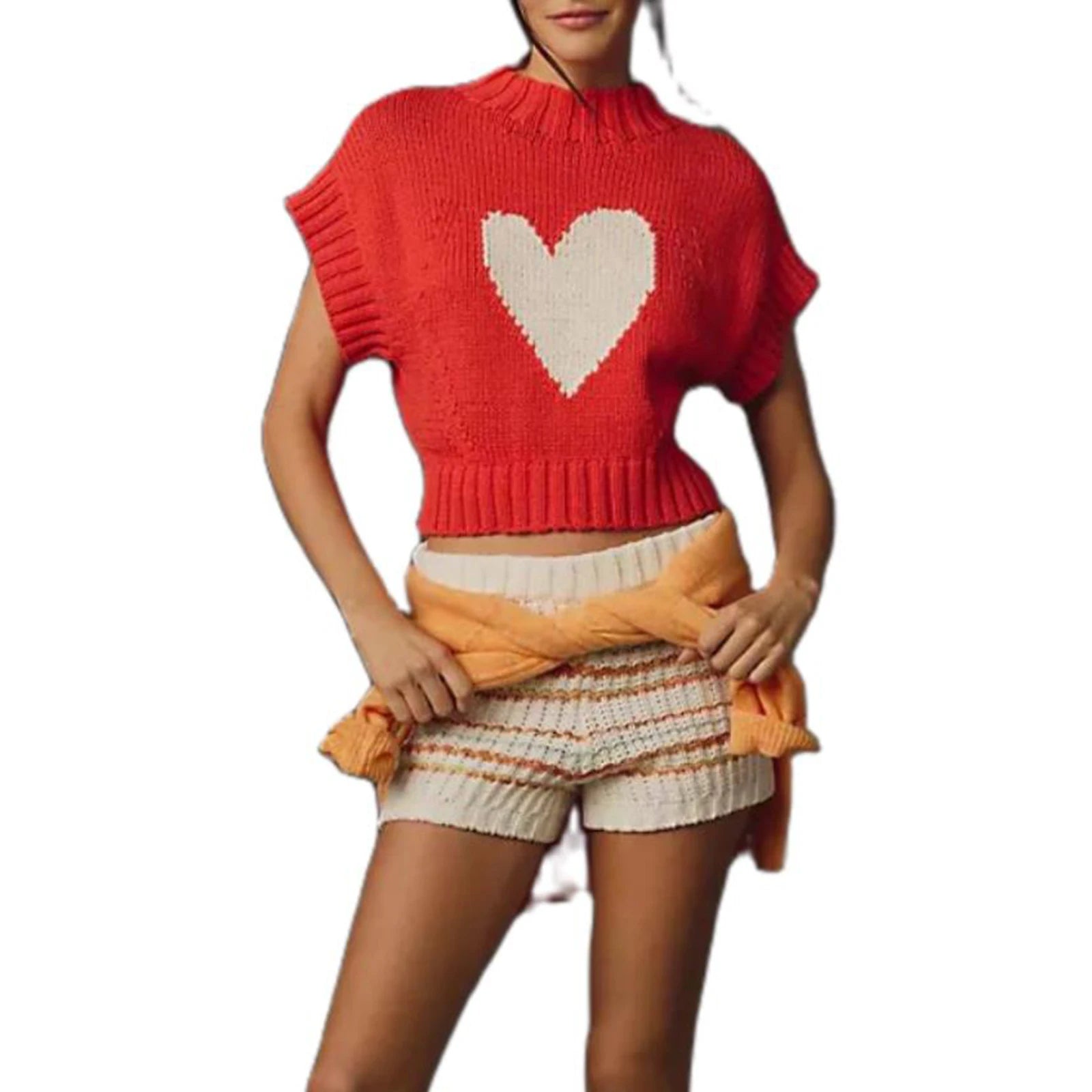 Red Heart Knit Crop Top for Casual Looks Knit Tops