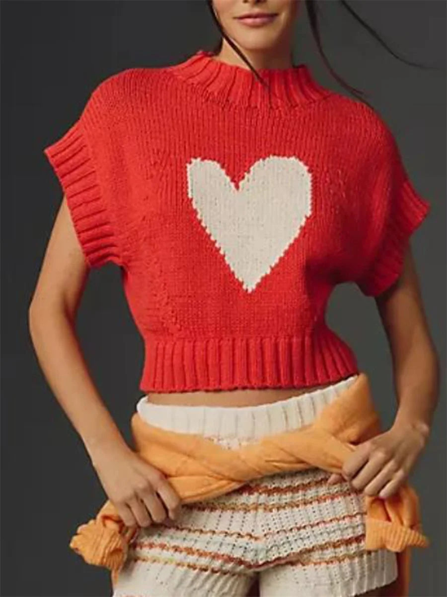 Red Heart Knit Crop Top for Casual Looks Knit Tops