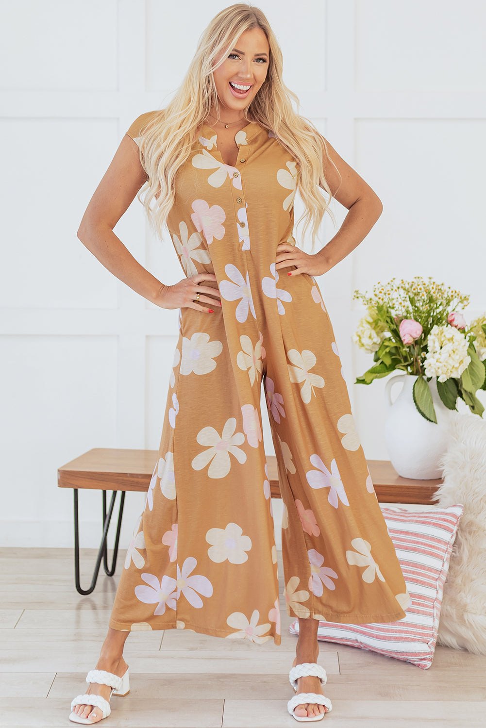 Floral Jumpsuit for Women - Wide Leg & Button Pantsuits	