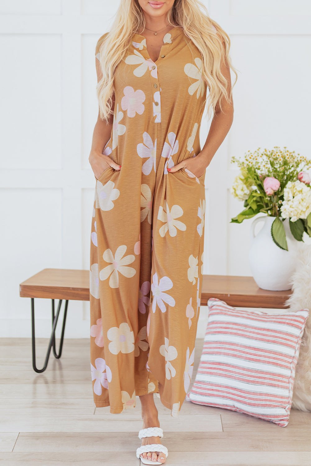 Floral Jumpsuit for Women - Wide Leg & Button Pantsuits Jumpsuits