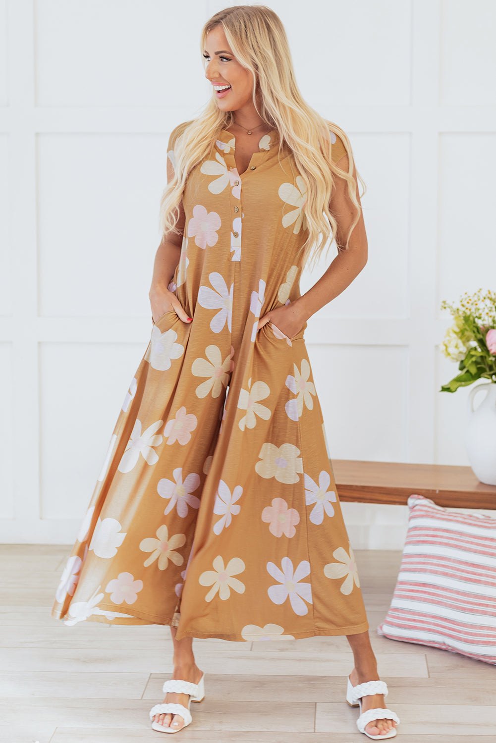 Floral Jumpsuit for Women - Wide Leg & Button Pantsuits Jumpsuits