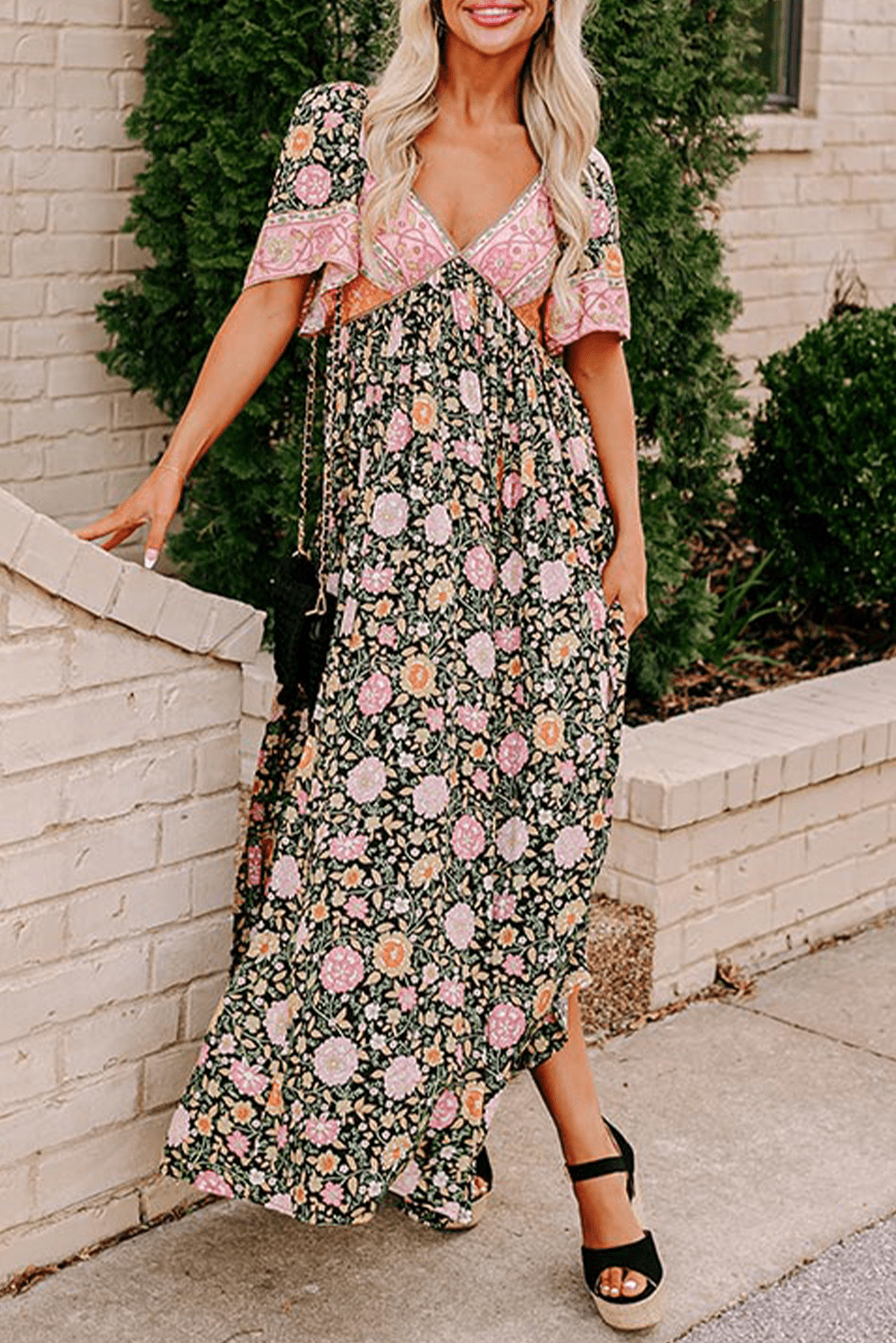 Women's Summer Boho Maxi Dress - Floral Short Sleeves	