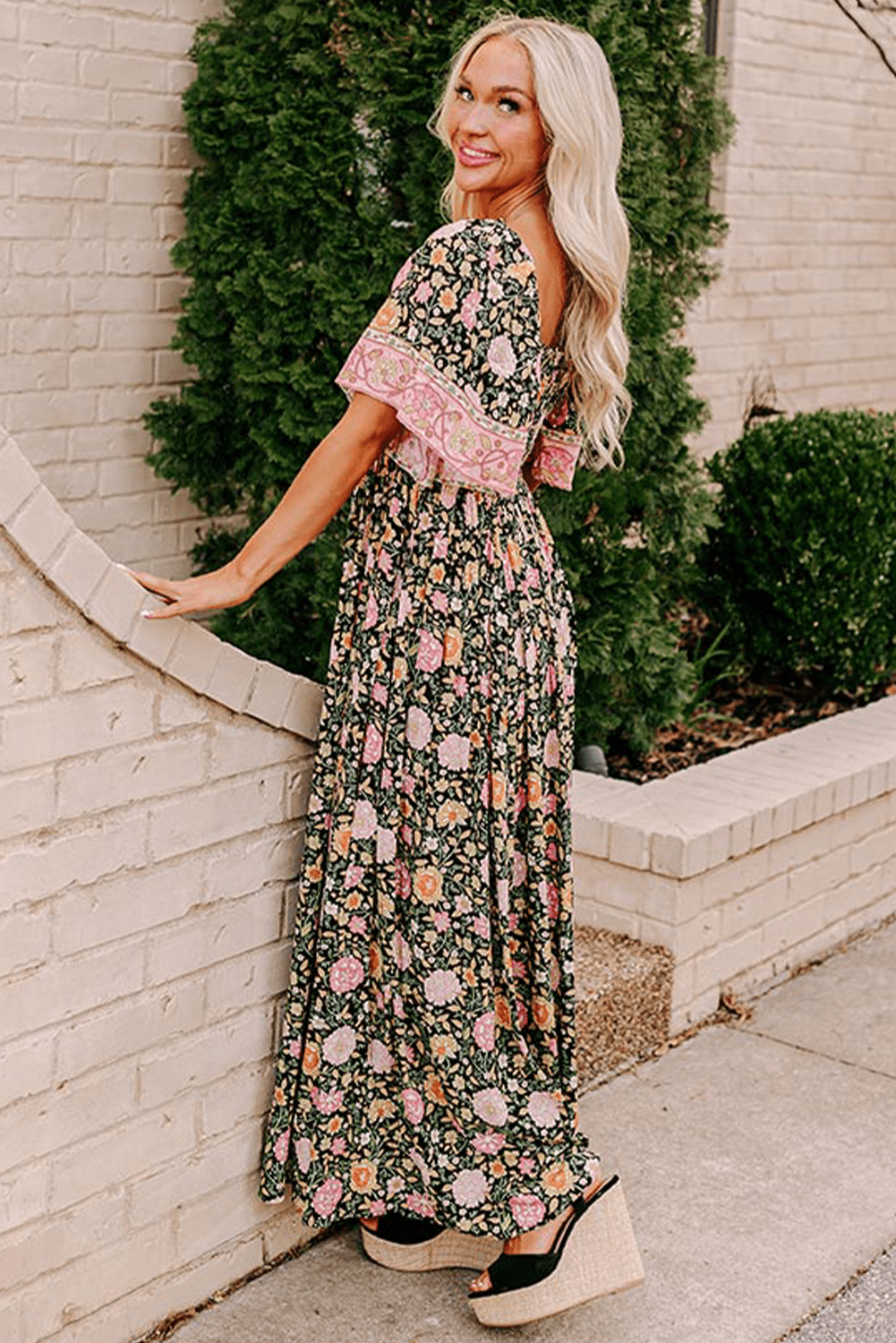 Women's Summer Boho Maxi Dress - Floral Short Sleeves Maxi