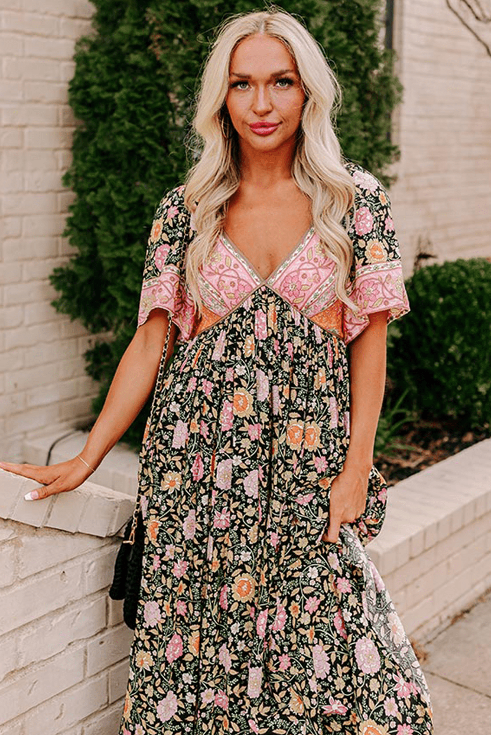 Women's Summer Boho Maxi Dress - Floral Short Sleeves Maxi