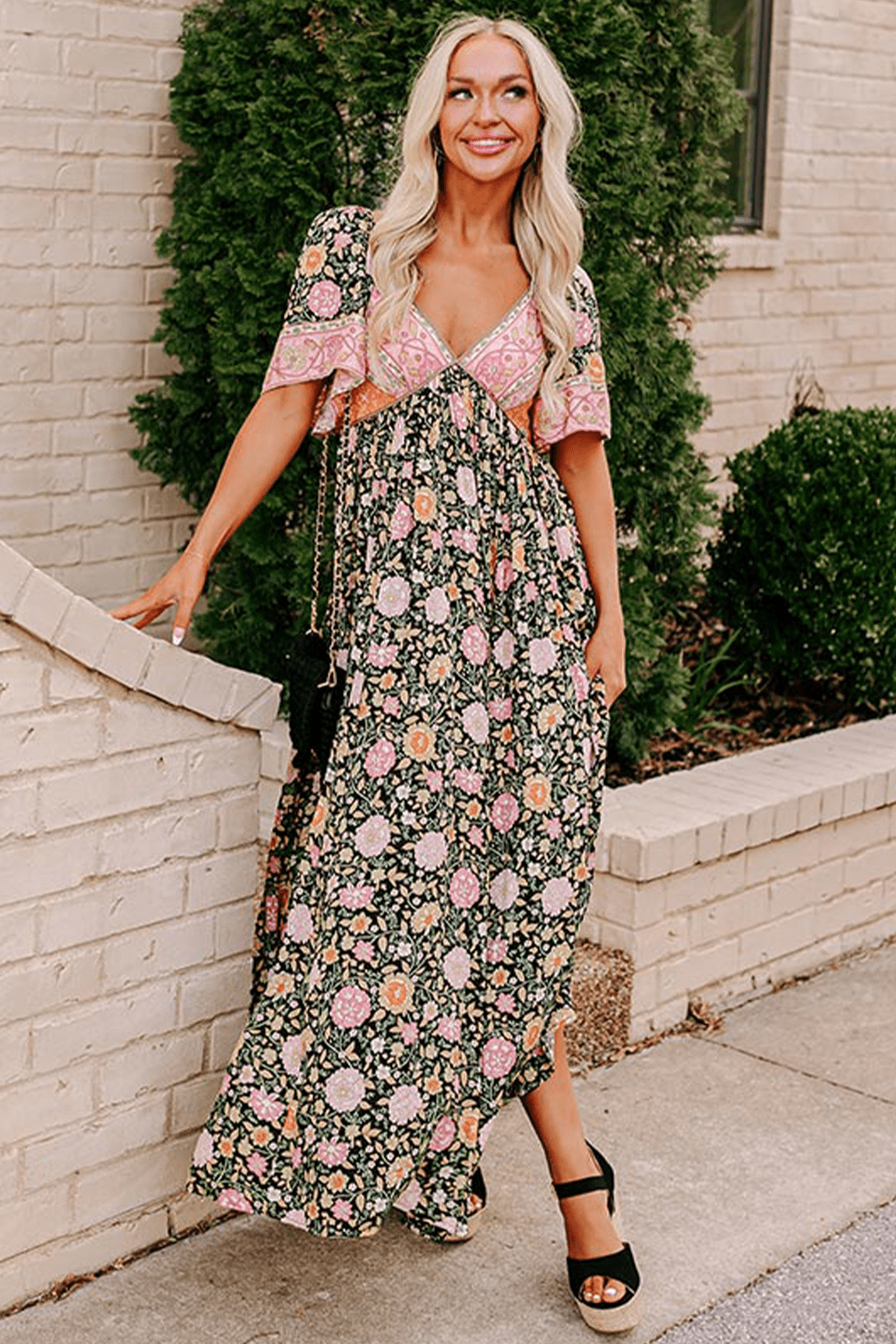 Women's Summer Boho Maxi Dress - Floral Short Sleeves Maxi