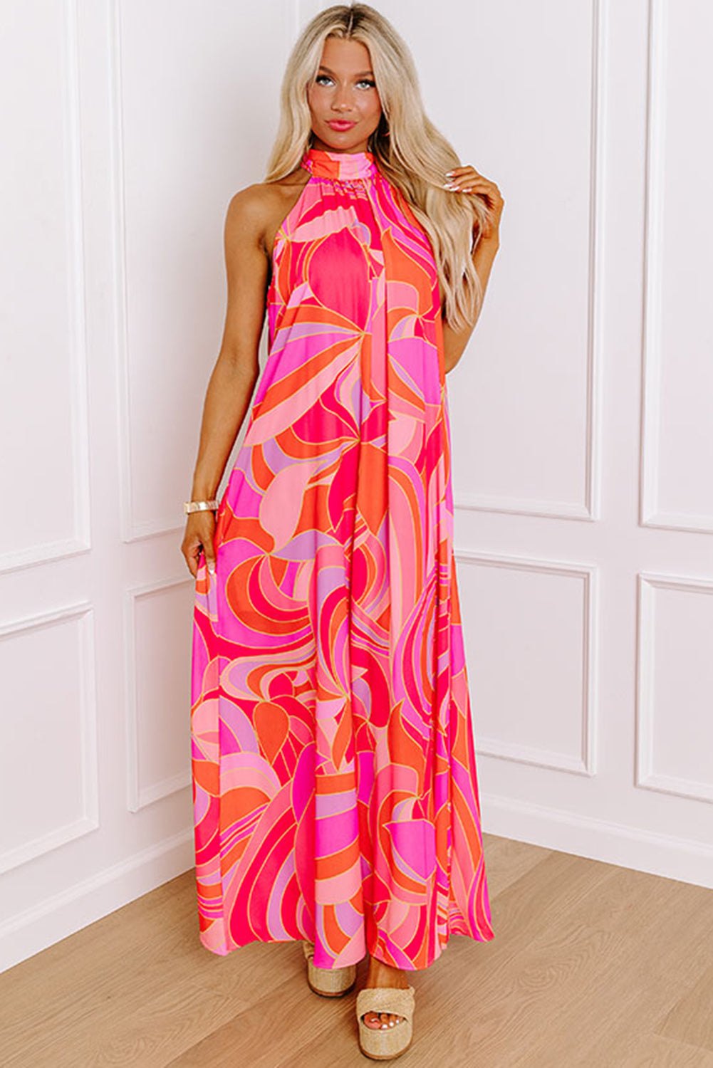 Abstract Rose Print Halter Maxi Dress Maxi Dresses