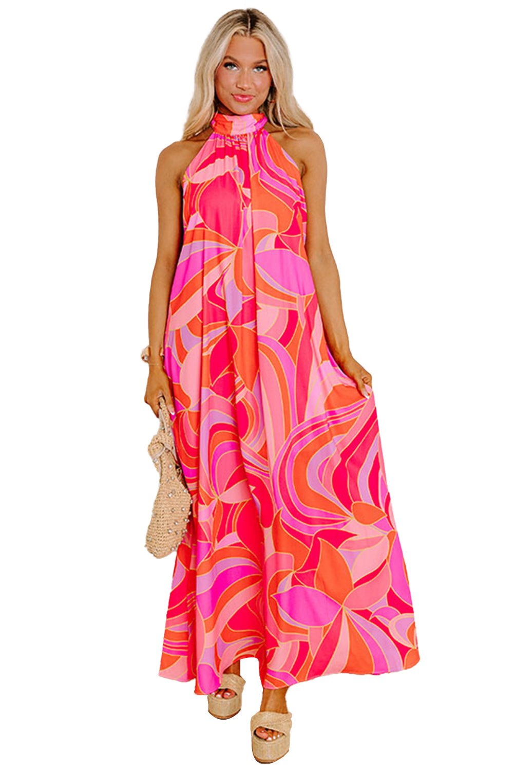 Abstract Rose Print Halter Maxi Dress Maxi Dresses