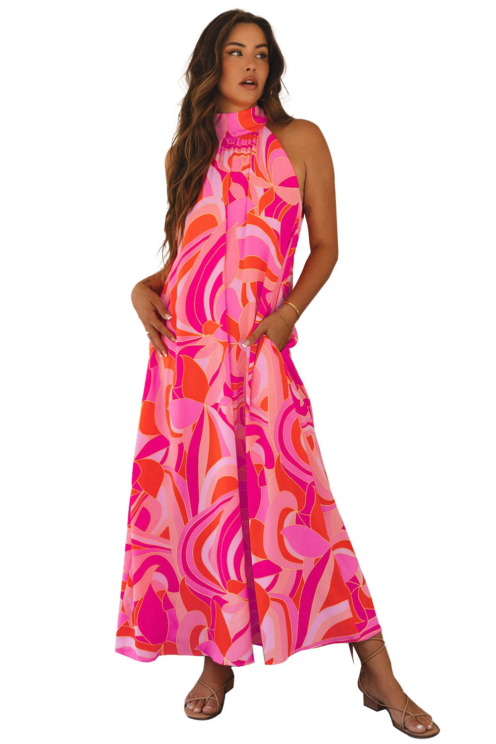 Abstract Rose Print Halter Maxi Dress Maxi Dresses