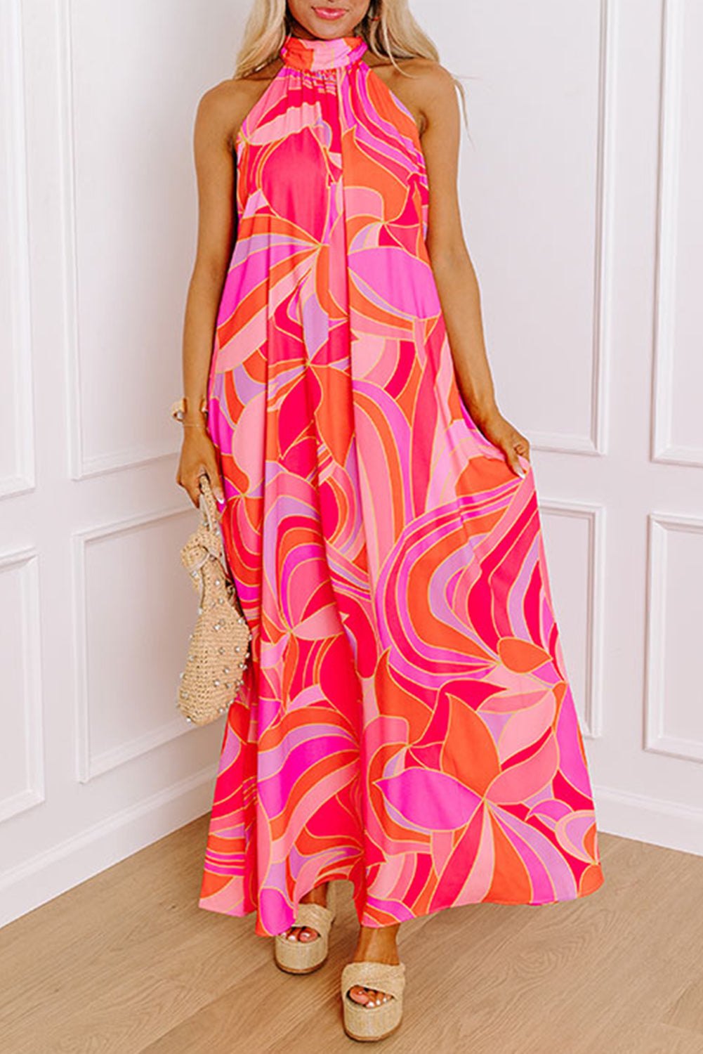 Abstract Rose Print Halter Maxi Dress Maxi Dresses