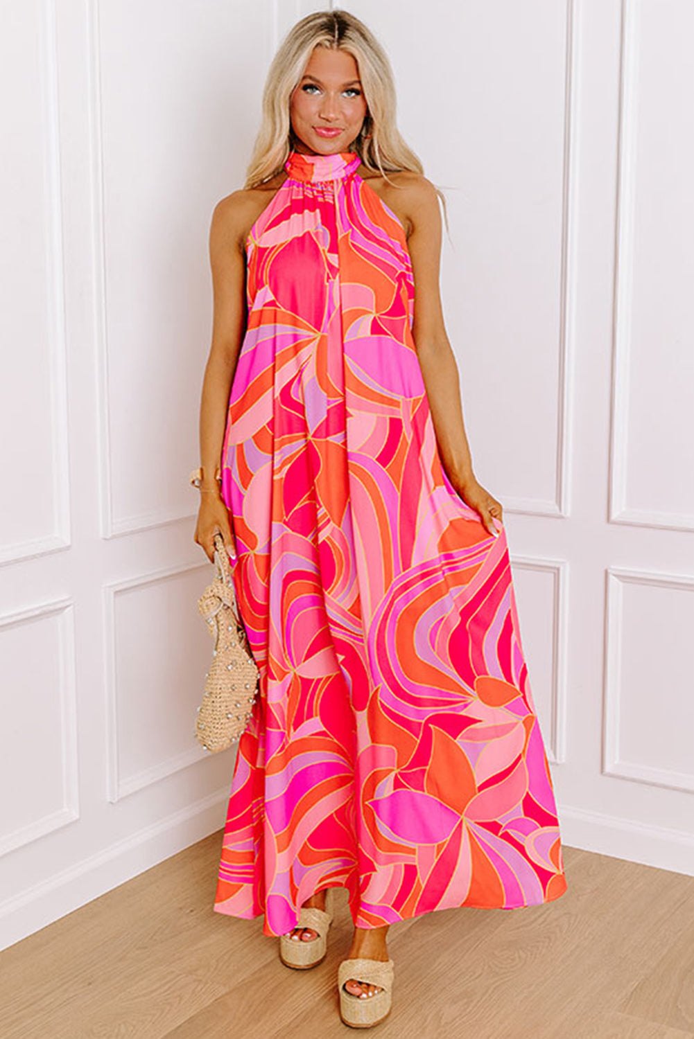 Abstract Rose Print Halter Maxi Dress Maxi Dresses