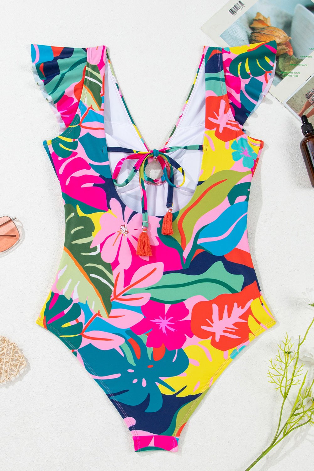 Backless Keyhole Tropical Print Swimsuit One Piece Swimsuit