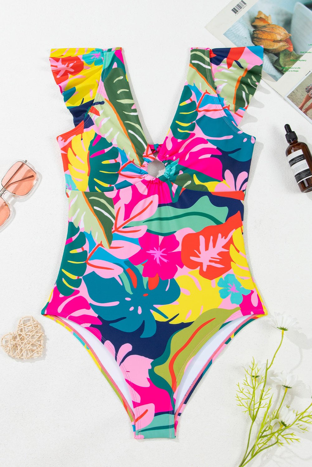 Backless Keyhole Tropical Print Swimsuit One Piece Swimsuit