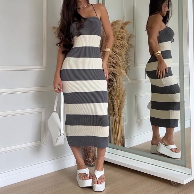 Striped Backless Knit Dress for Summer Occasions	