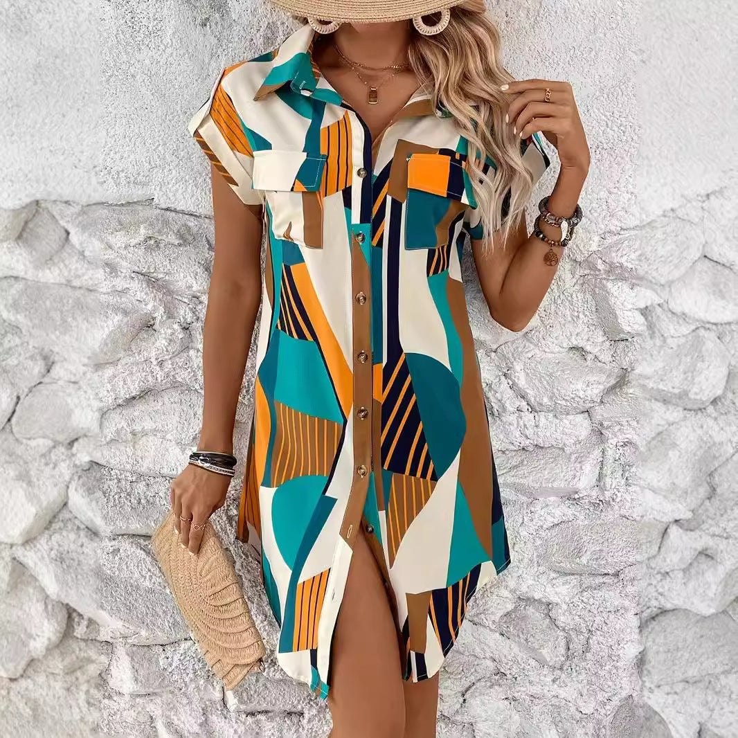 Women's Geometric Print Shirt Dress – Casual Summer	