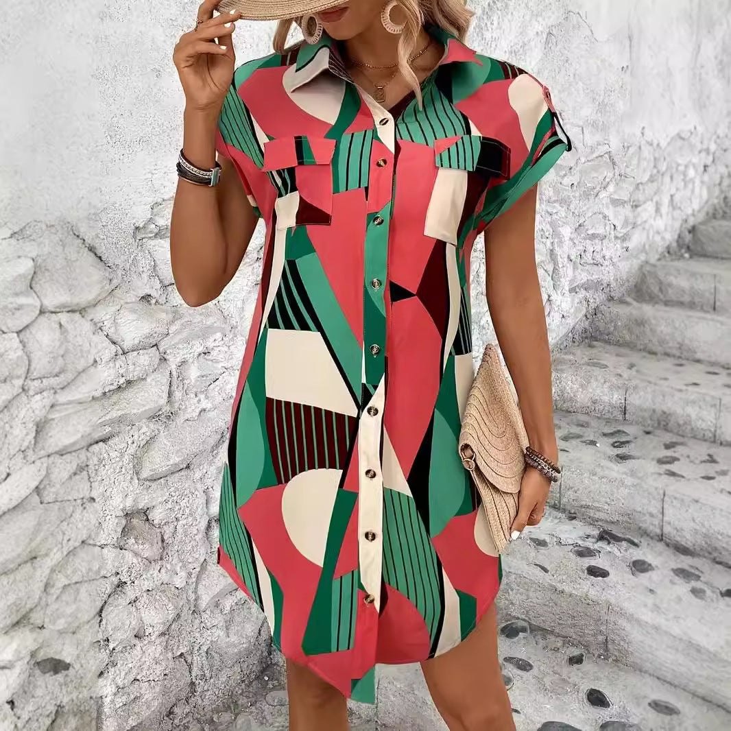 Women's Geometric Print Shirt Dress – Casual Summer Shirt Dresses