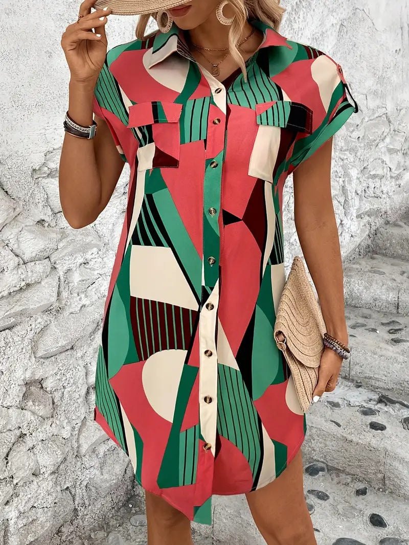 Women's Geometric Print Shirt Dress – Casual Summer Shirt Dresses