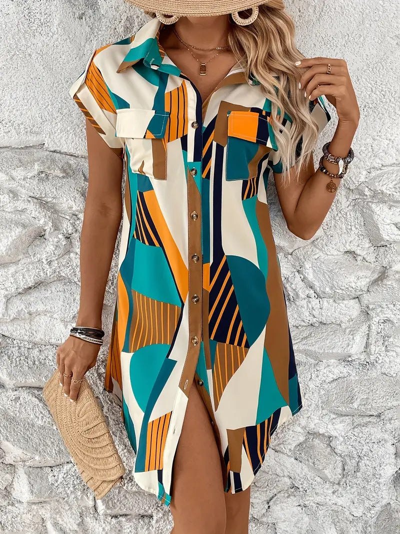 Women's Geometric Print Shirt Dress – Casual Summer Shirt Dresses