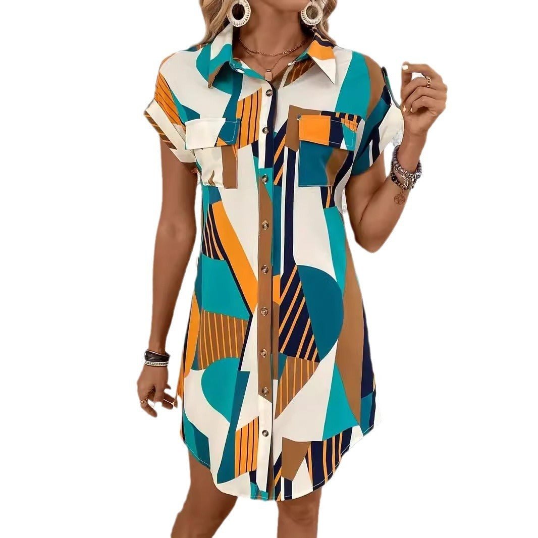 Women's Geometric Print Shirt Dress – Casual Summer Shirt Dresses