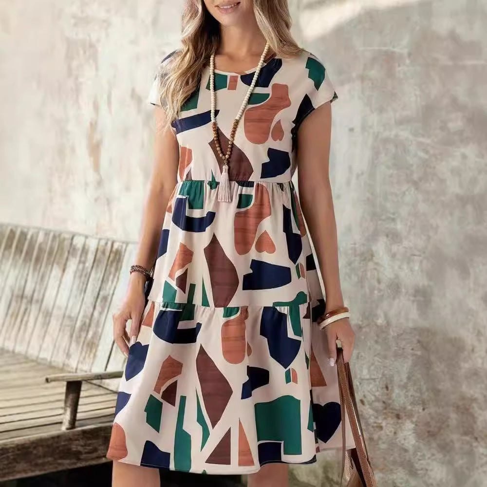 Abstract Geo Print Summer Ruffle Dress for Women	