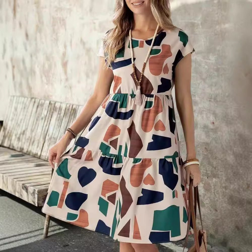 Abstract Geo Print Summer Ruffle Dress for Women A-Line Dresses