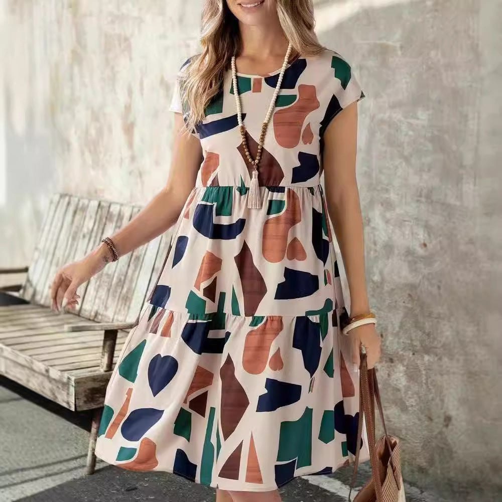 Abstract Geo Print Summer Ruffle Dress for Women A-Line Dresses