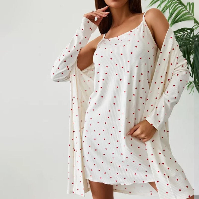 Love Heart Women's Loungewear: Cami Dress & Robe Set Loungewear