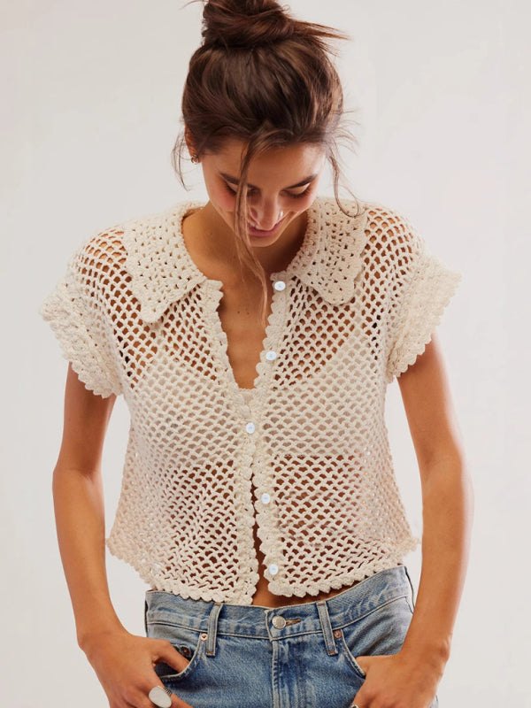 Women's Hollow Knit Buttoned Crop Blouse - Casual Wear	