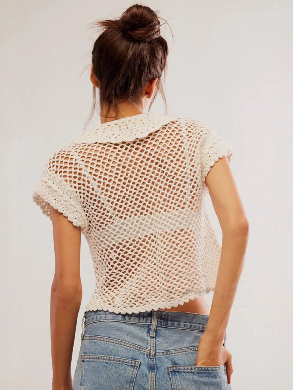 Women's Hollow Knit Buttoned Crop Blouse - Casual Wear Knit Tops