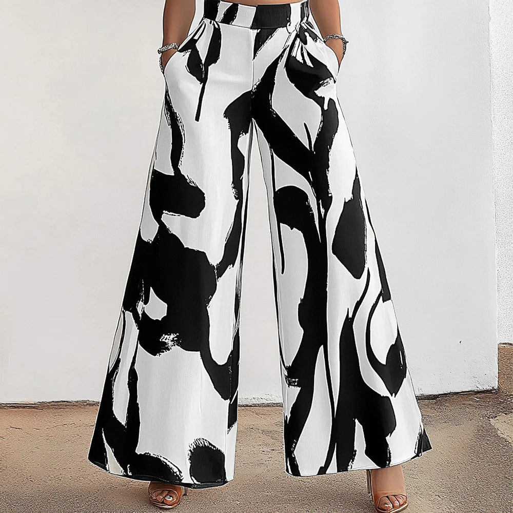 Abstract Black and White Wide-leg Pants for Women	