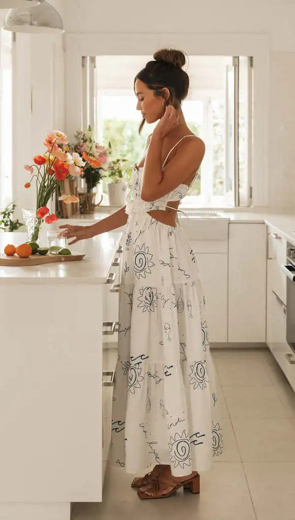 Casual Summer Maxi Dress - Sun Print & Backless Summer Dresses