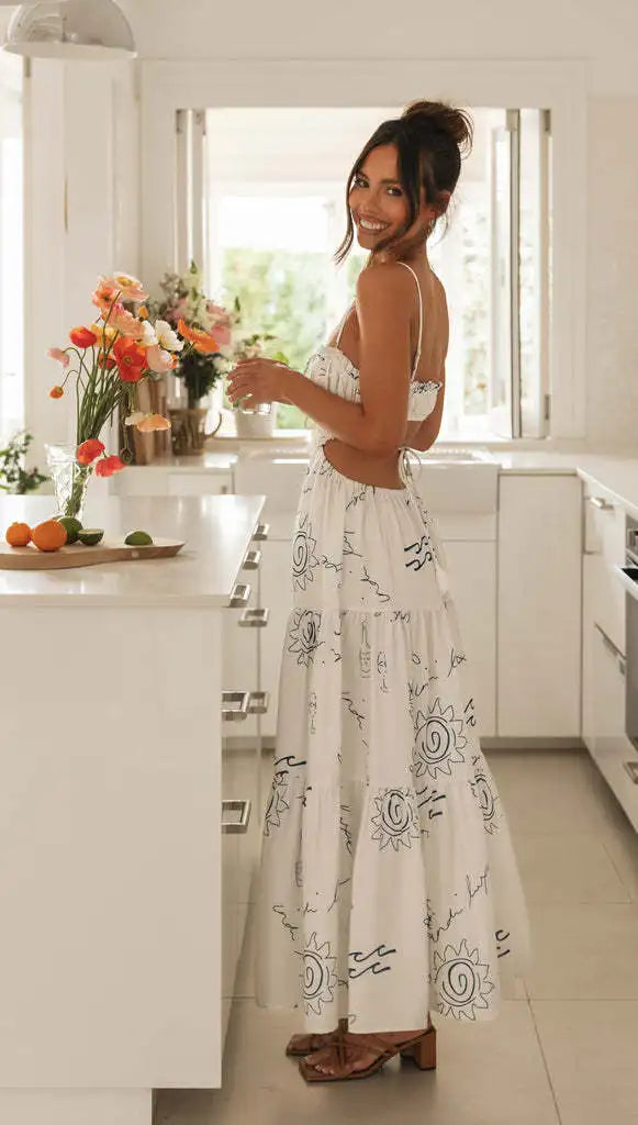 Casual Summer Maxi Dress - Sun Print & Backless Summer Dresses