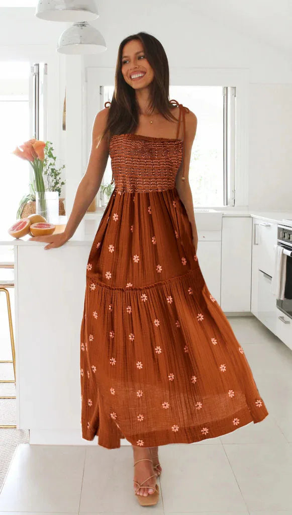 Smocked Boho Midi Dress with Embroidery for Outdoor Summer