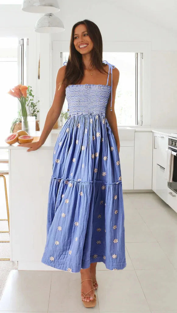 Smocked Boho Midi Dress with Embroidery for Outdoor Summer