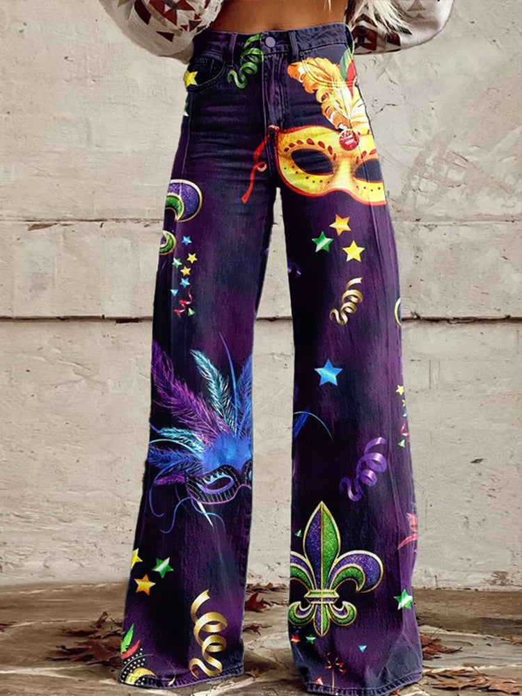 High-Waisted Mardi Gras Pants for Women - Festive Carnival Wear	