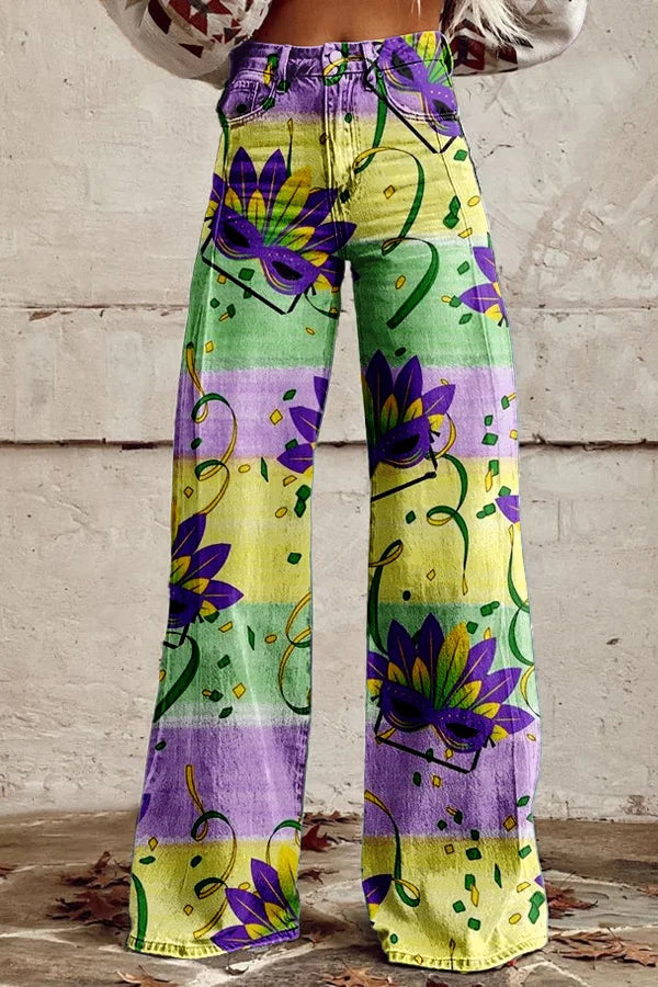 High-Waisted Mardi Gras Pants for Women - Festive Carnival Wear