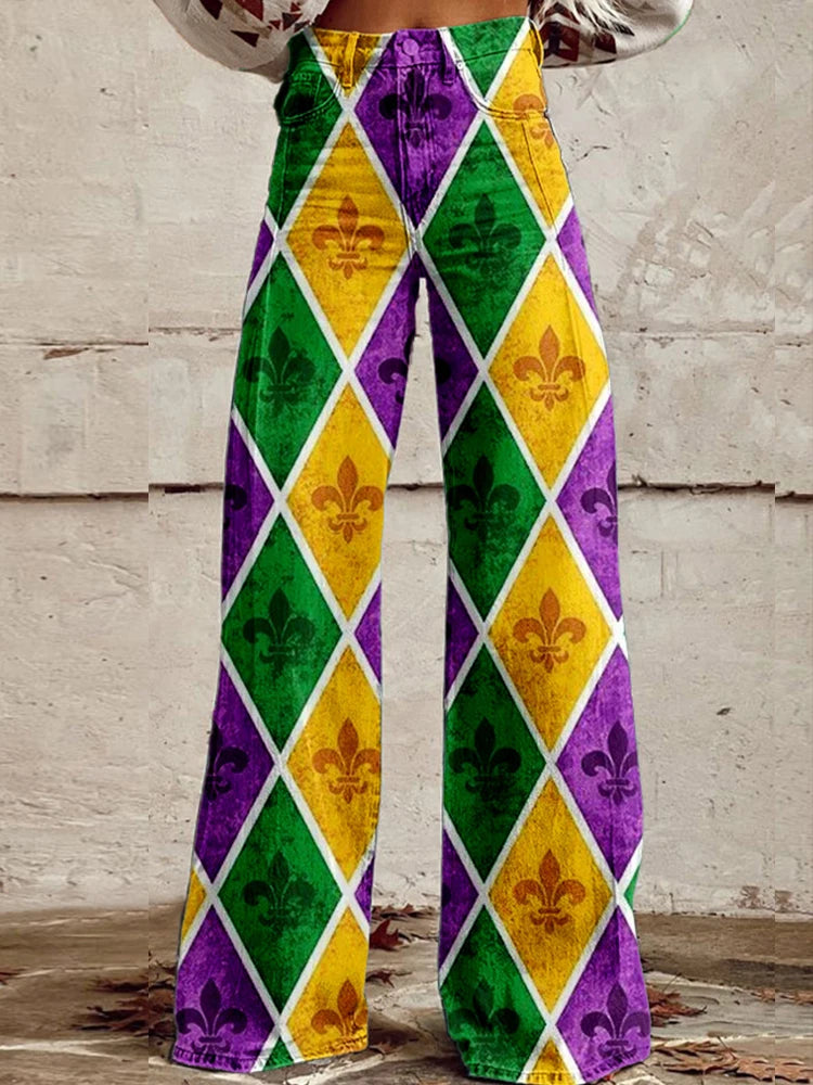 High-Waisted Mardi Gras Pants for Women - Festive Carnival Wear