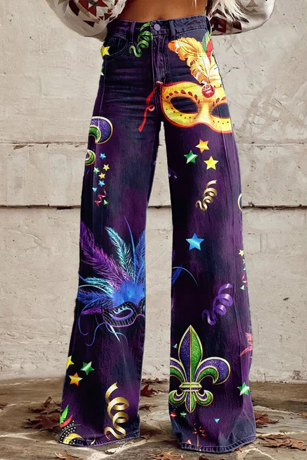 High-Waisted Mardi Gras Pants for Women - Festive Carnival Wear