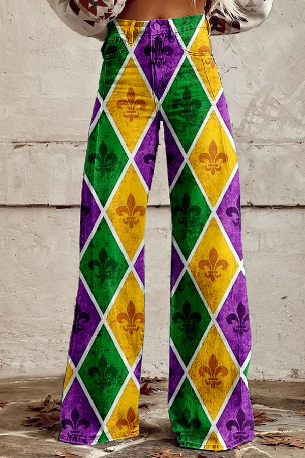 High-Waisted Mardi Gras Pants for Women - Festive Carnival Wear