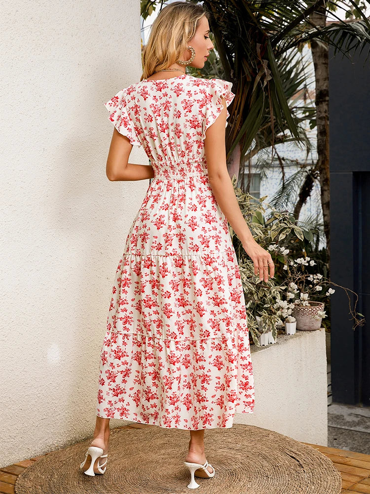 Floral Midi Dress with Smocked Waist and Ruffle Details Floral