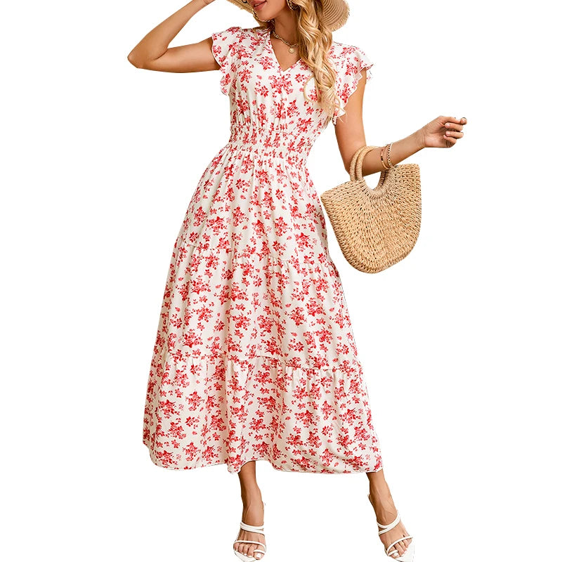 Floral Midi Dress with Smocked Waist and Ruffle Details Floral