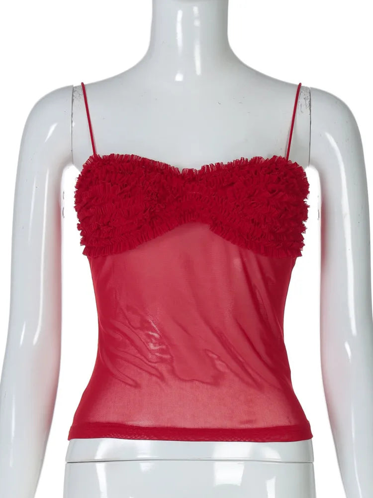 Sleeveless Red Top with Frill Bust Design Cami Tops