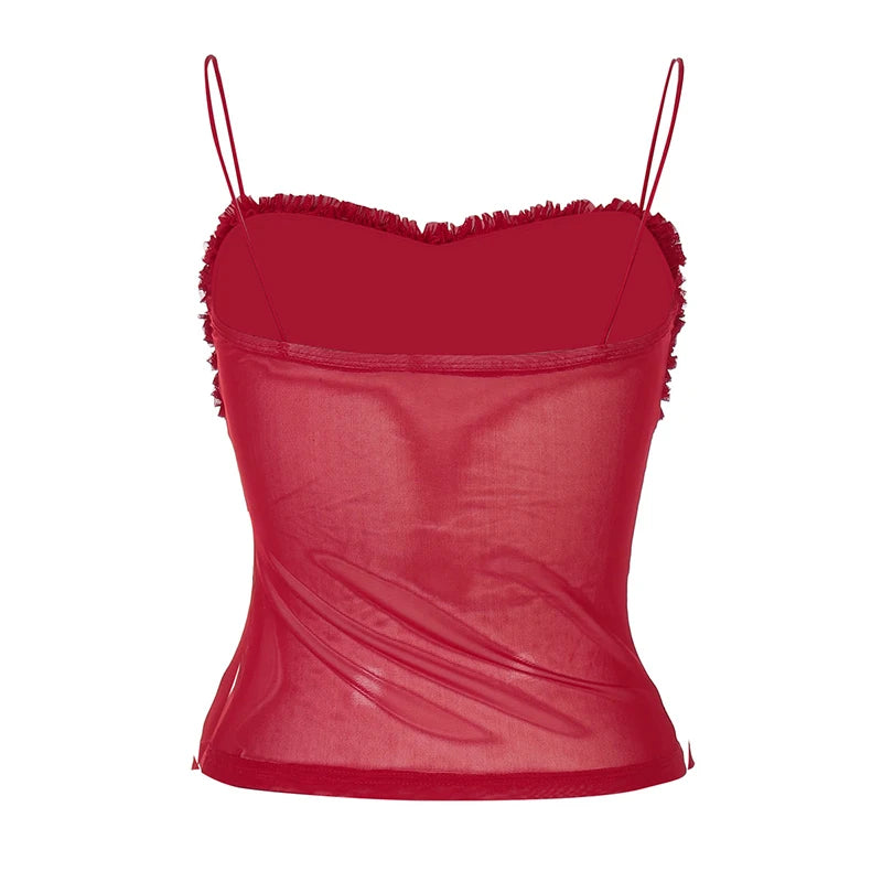 Sleeveless Red Top with Frill Bust Design Cami Tops