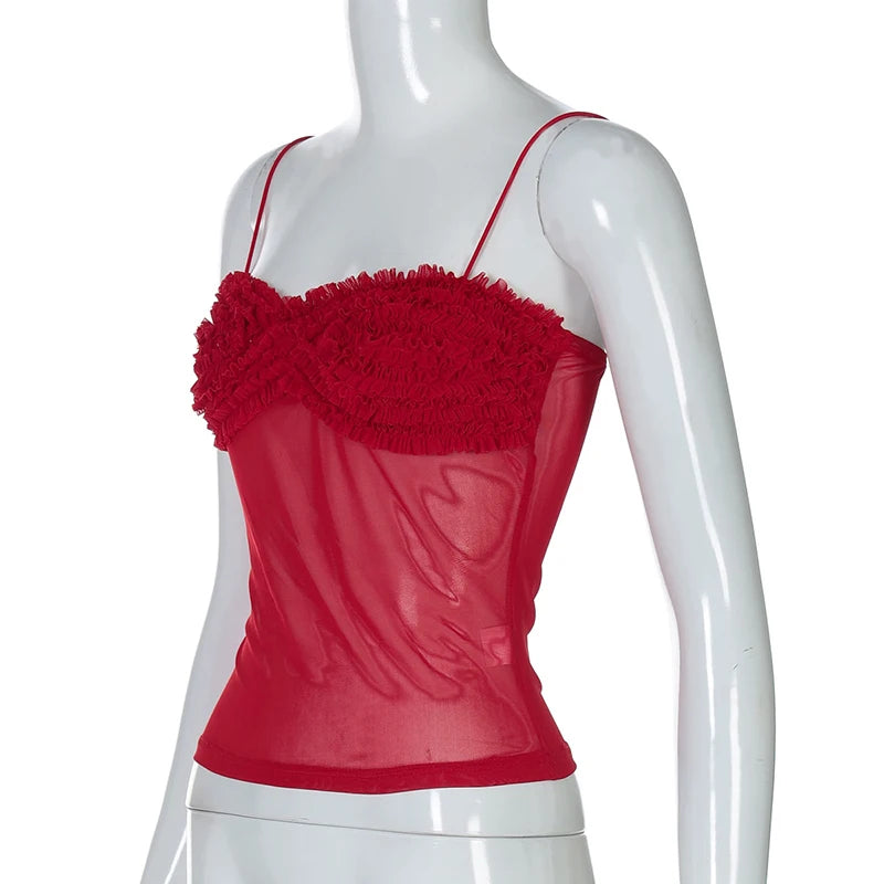 Sleeveless Red Top with Frill Bust Design Cami Tops