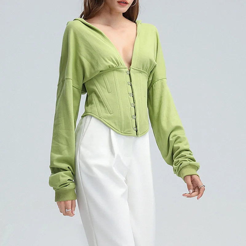 Trendy Green Hoodie with Corset Design for Women	