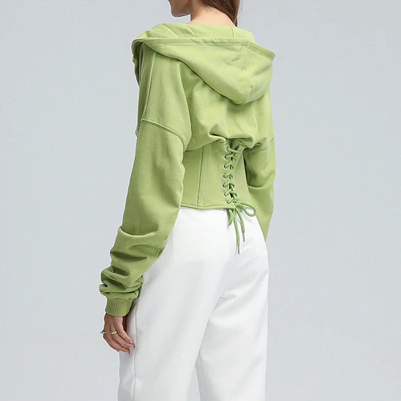 Trendy Green Hoodie with Corset Design for Women Hoodies