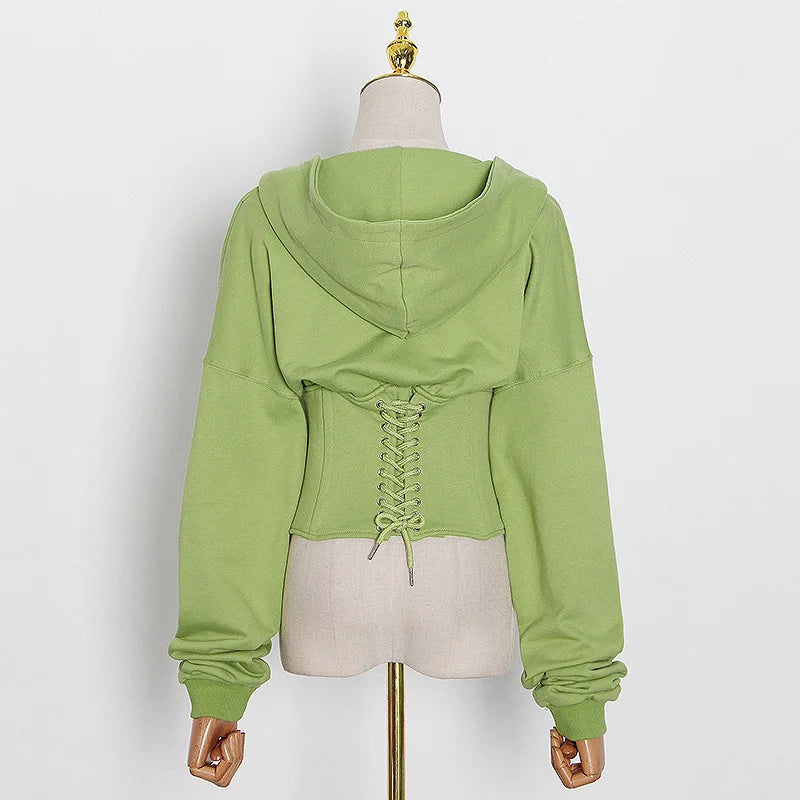 Trendy Green Hoodie with Corset Design for Women Hoodies