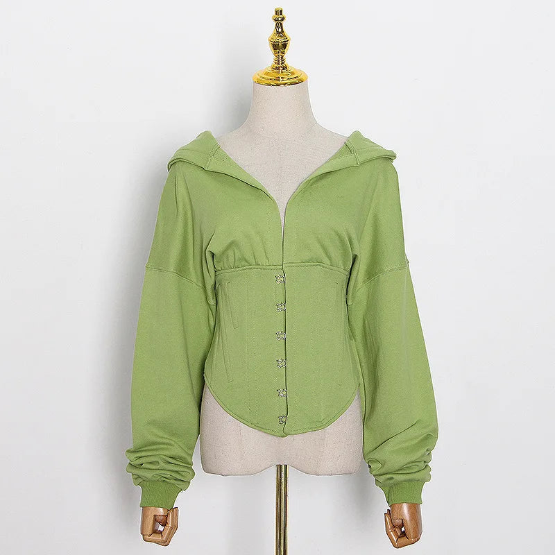 Trendy Green Hoodie with Corset Design for Women Hoodies